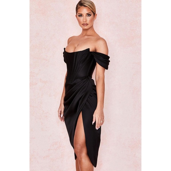 NWT House of CB Loretta Off the Shoulder Satin Corset‎ Dress Black - Size Small - Picture 3 of 15